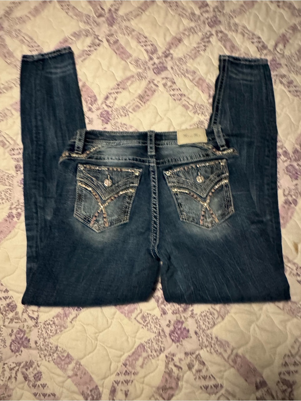 Miss Me Dark Blue Skinny Jeans with Embellished Back Pockets